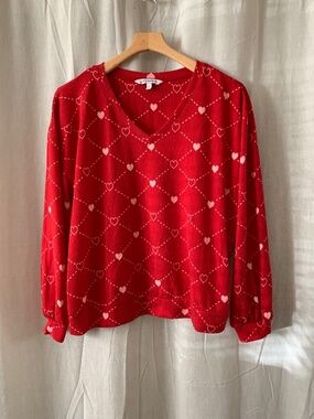 Emily Daniels Red Pink Heart Print V Neck Long Sleeve Knit Top L